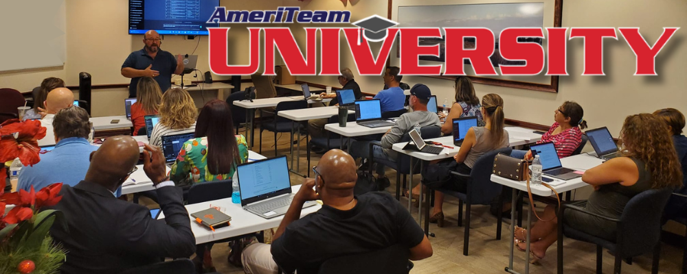 AmeriTeam University logo over a live classroom